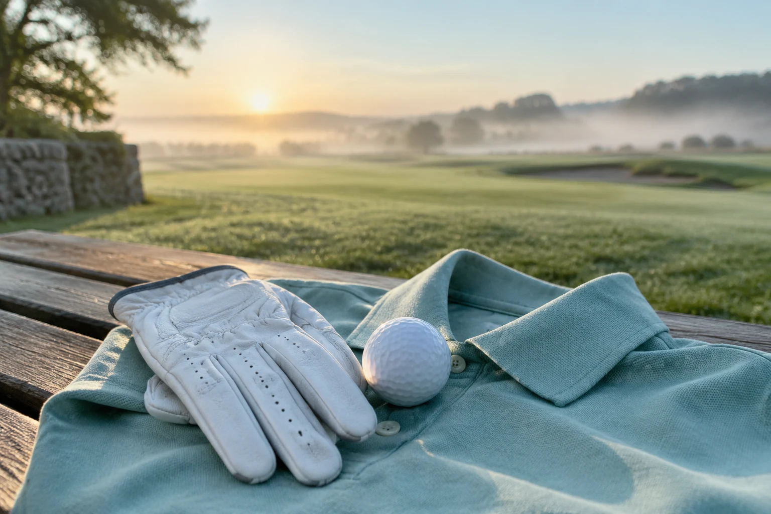 White golf glove and ball on a folded teal polo shirt