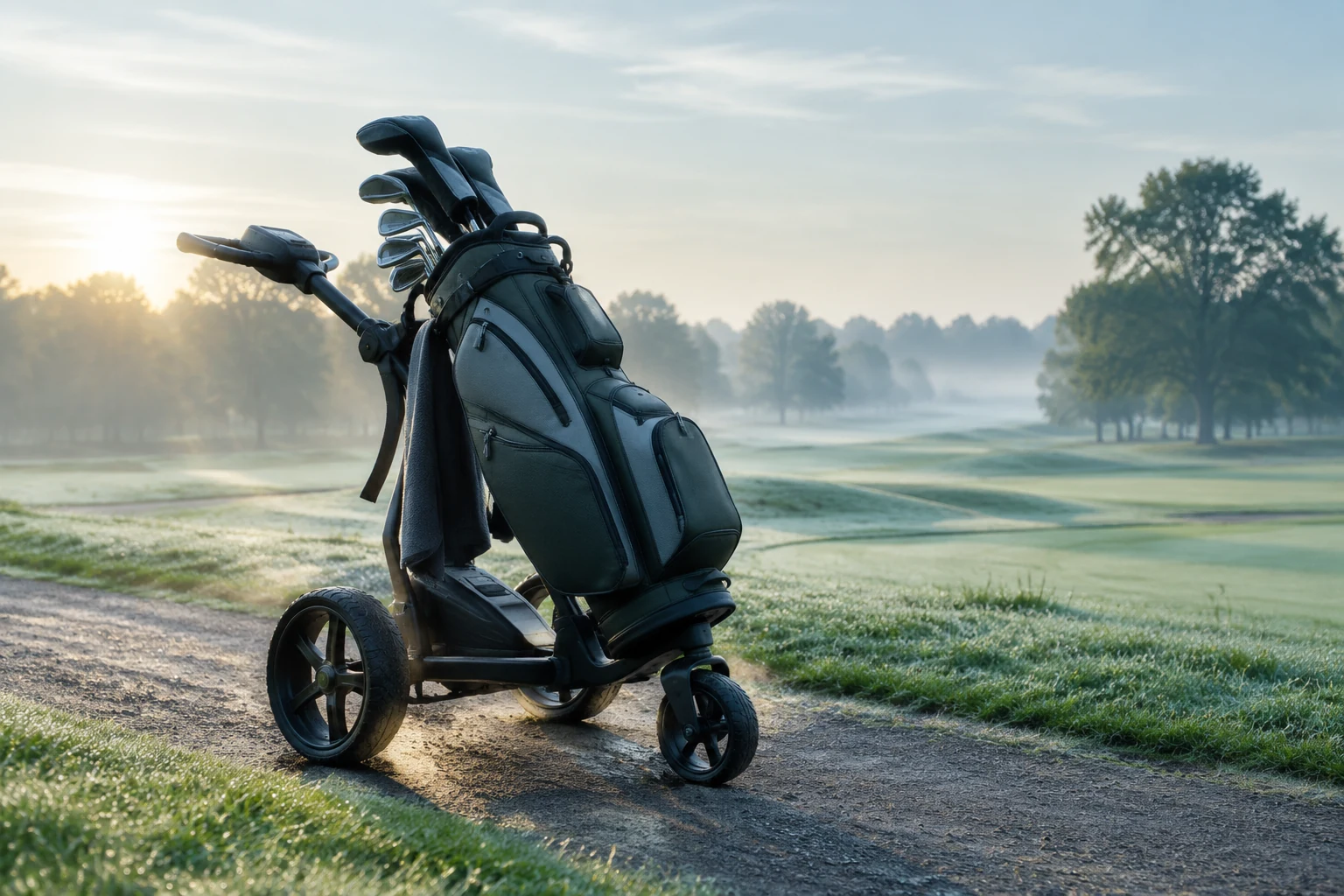 Electric golf trolley with a cart bag on a fairway path in the morning