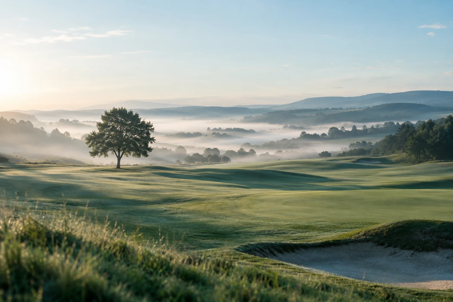 Golf course at first light with low mist