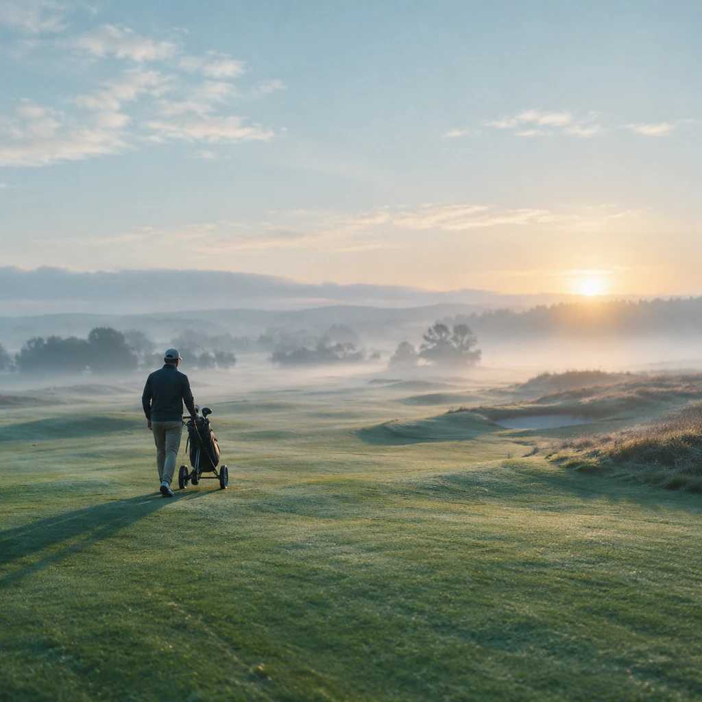 Golfer pushing a trolley along a misty fairway at sunrise
