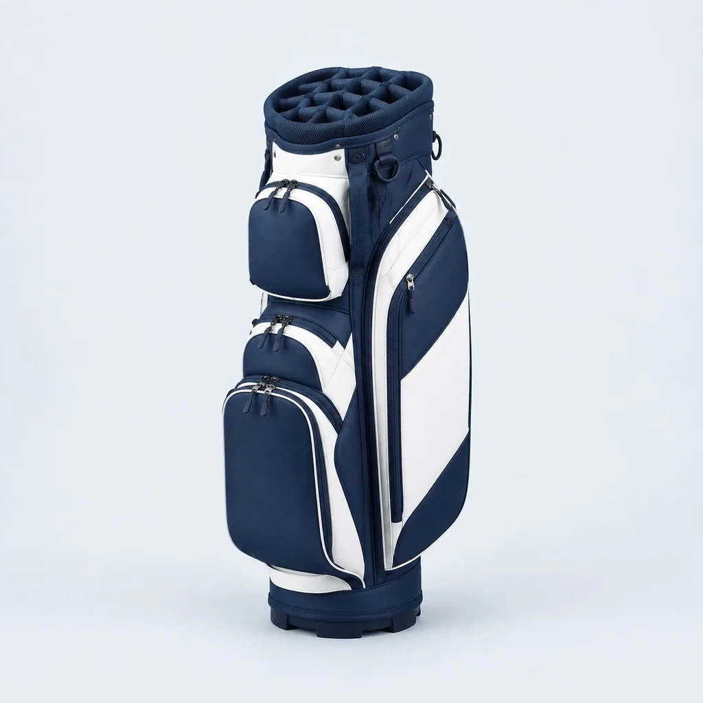 Navy and white golf cart bag with a fourteen-way divider