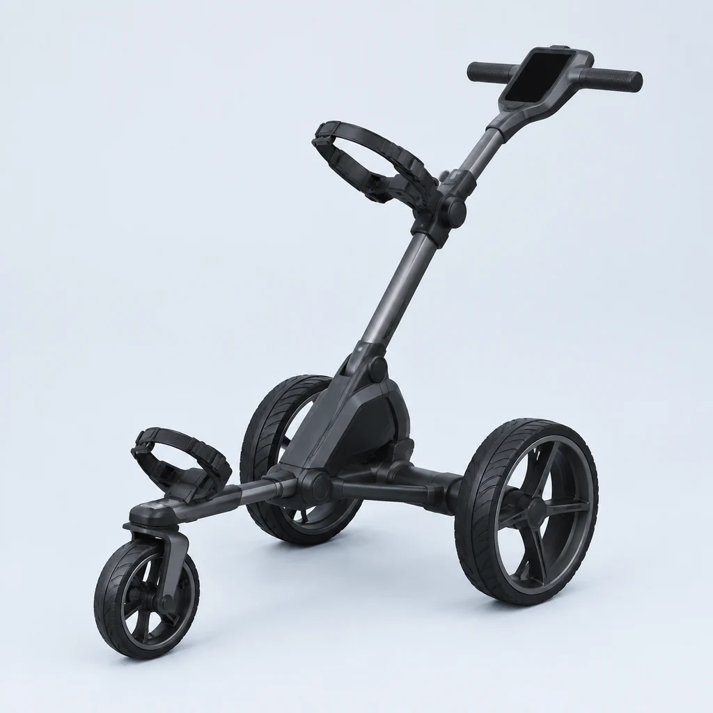 Graphite electric golf trolley with a screen on the handle