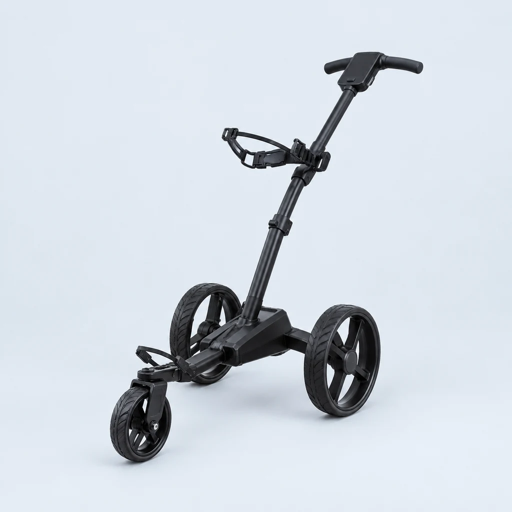 Black electric golf trolley with large rear wheels