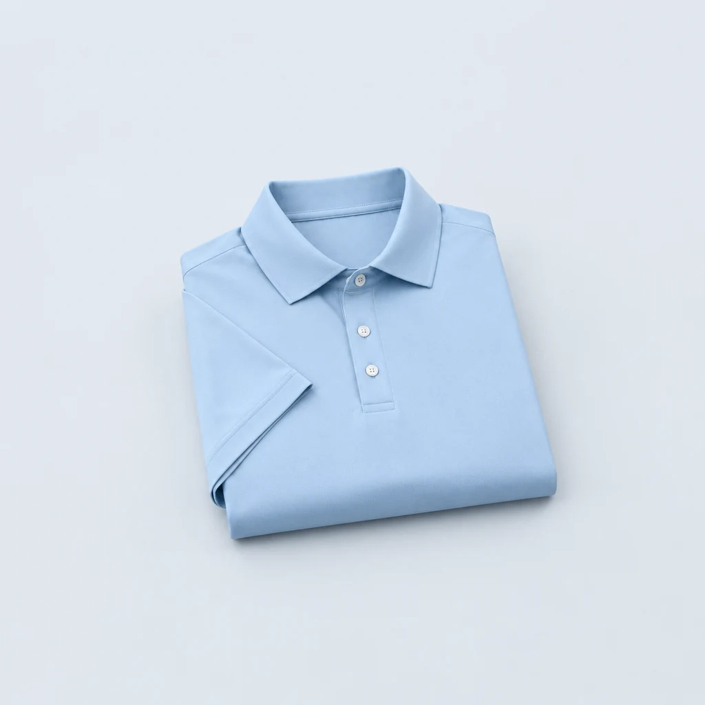 Folded pale blue golf polo shirt