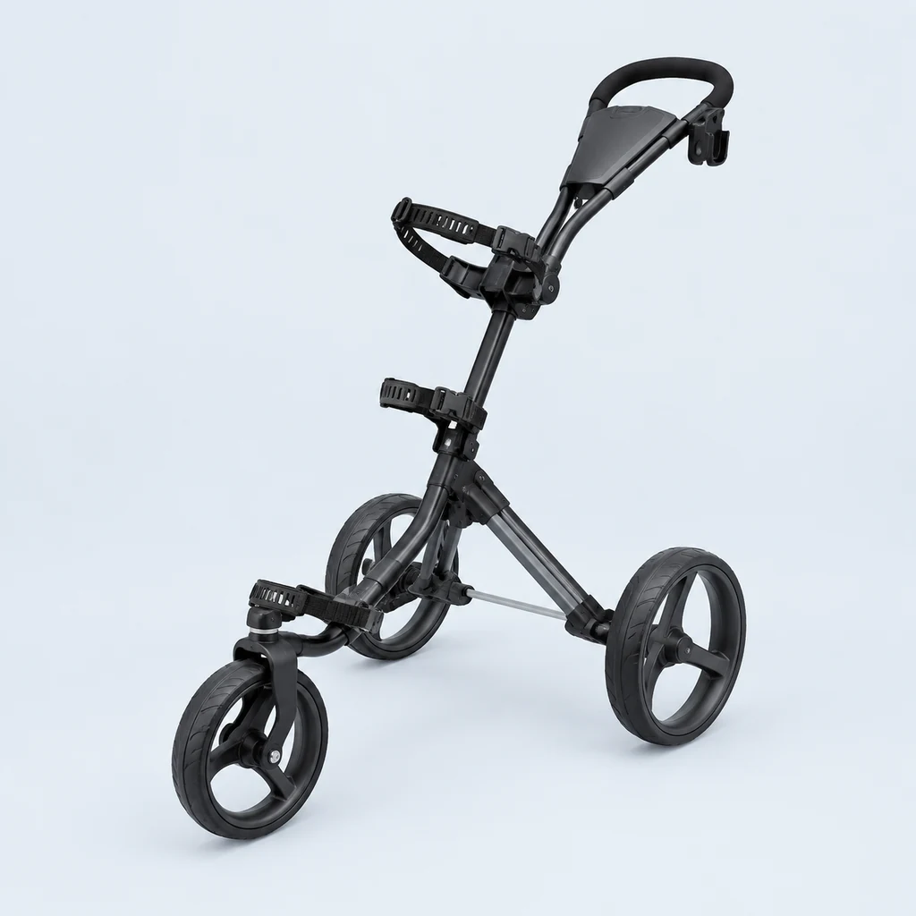 Black three-wheel golf push trolley, unfolded