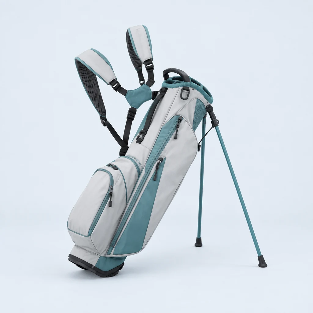 Grey and teal golf stand bag with legs extended