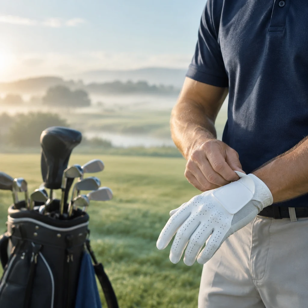 Golfer's hands adjusting a white golf glove